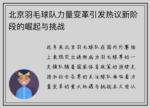 北京羽毛球队力量变革引发热议新阶段的崛起与挑战
